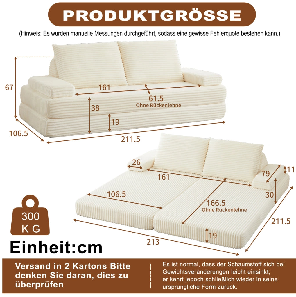 Divano modulare ULEVR 211,5 cm in velluto a coste beige con schienali triangolari e braccioli mobili