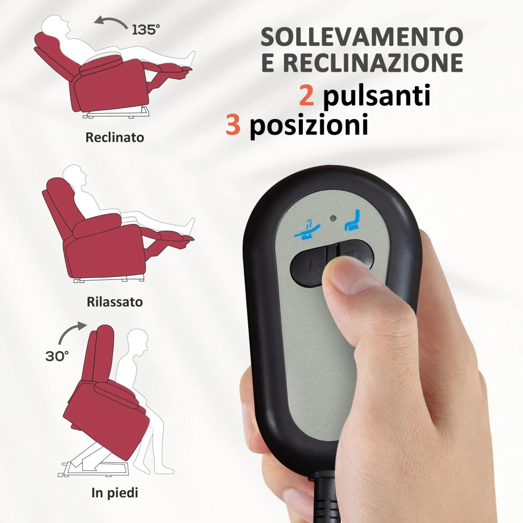 Poltrona Alzapersona Elettrica Reclinabile con Telecomando e Tasca in Tessuto Rosso