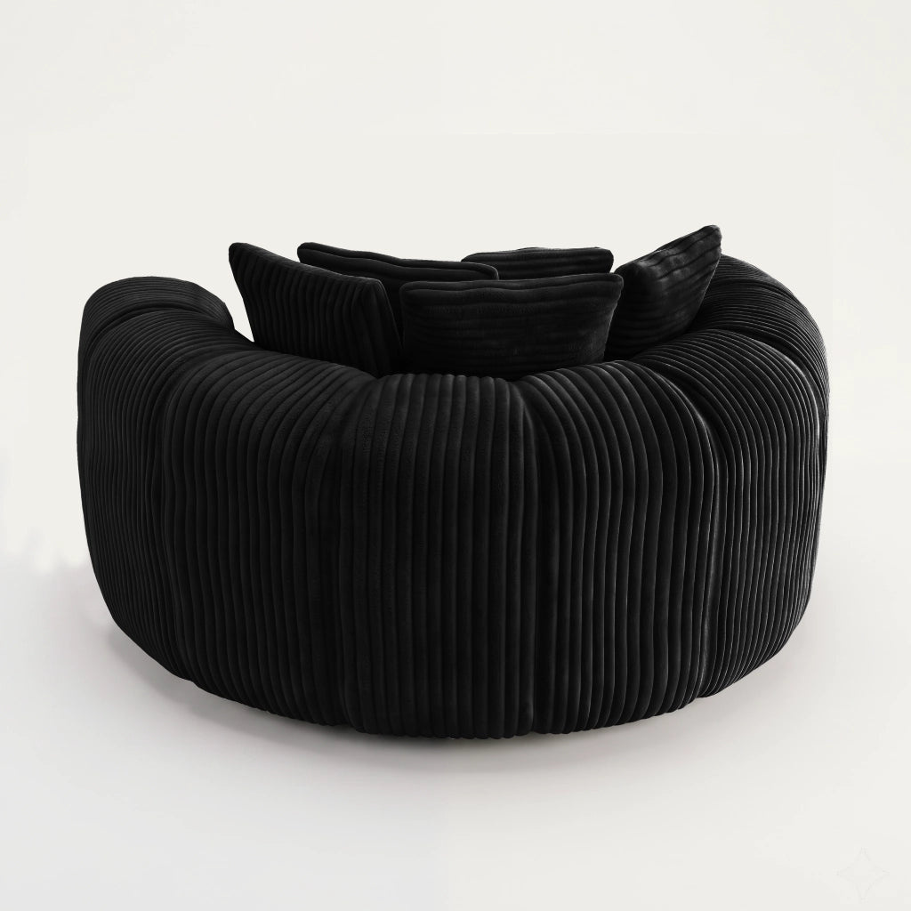Poltrona lounge 145x133x59 cm con 5 cuscini in velluto a coste nero