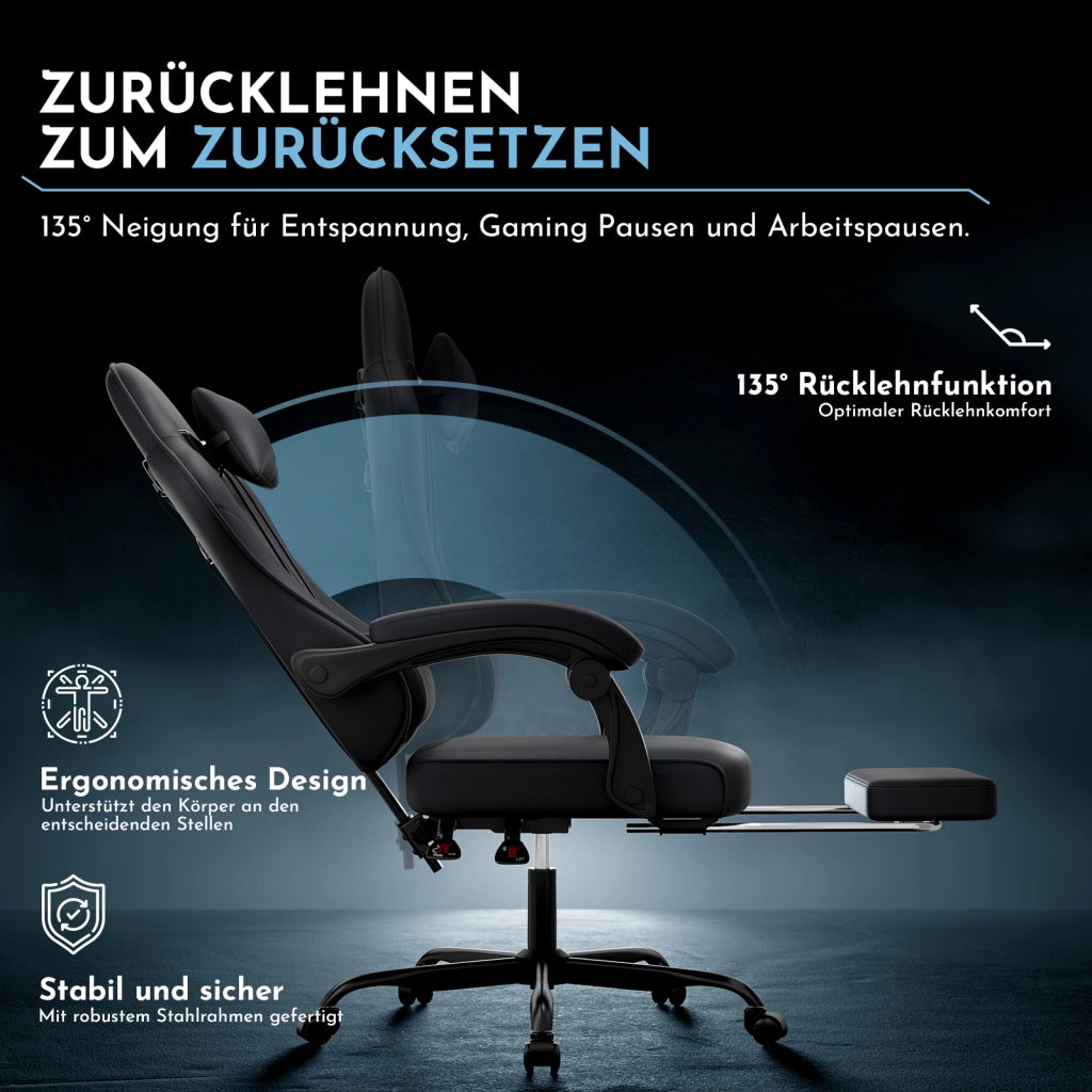 Sedia da gaming ergonomica nera in PVC con supporto lombare e poggiapiedi