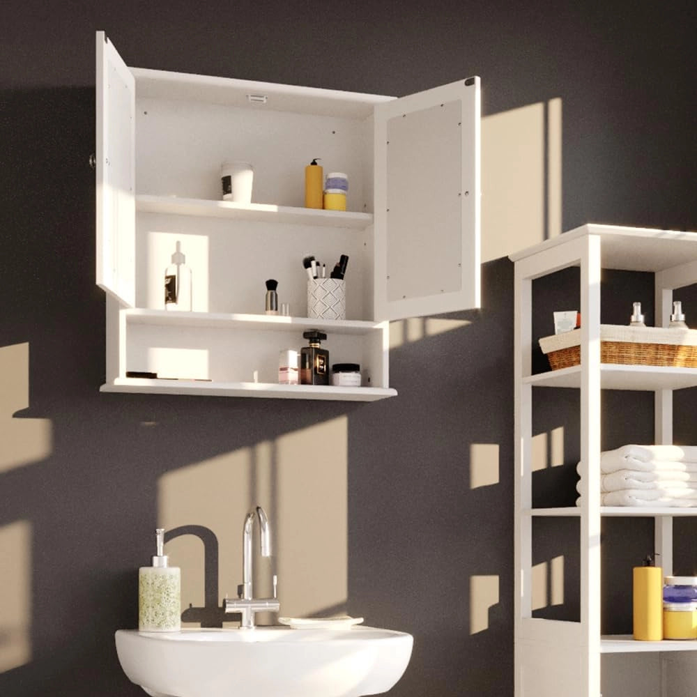 Specchio contenitore bagno Bianco, Bianco, 56 x 58 cm, per montaggio a parete con specchio integrato e ripiani