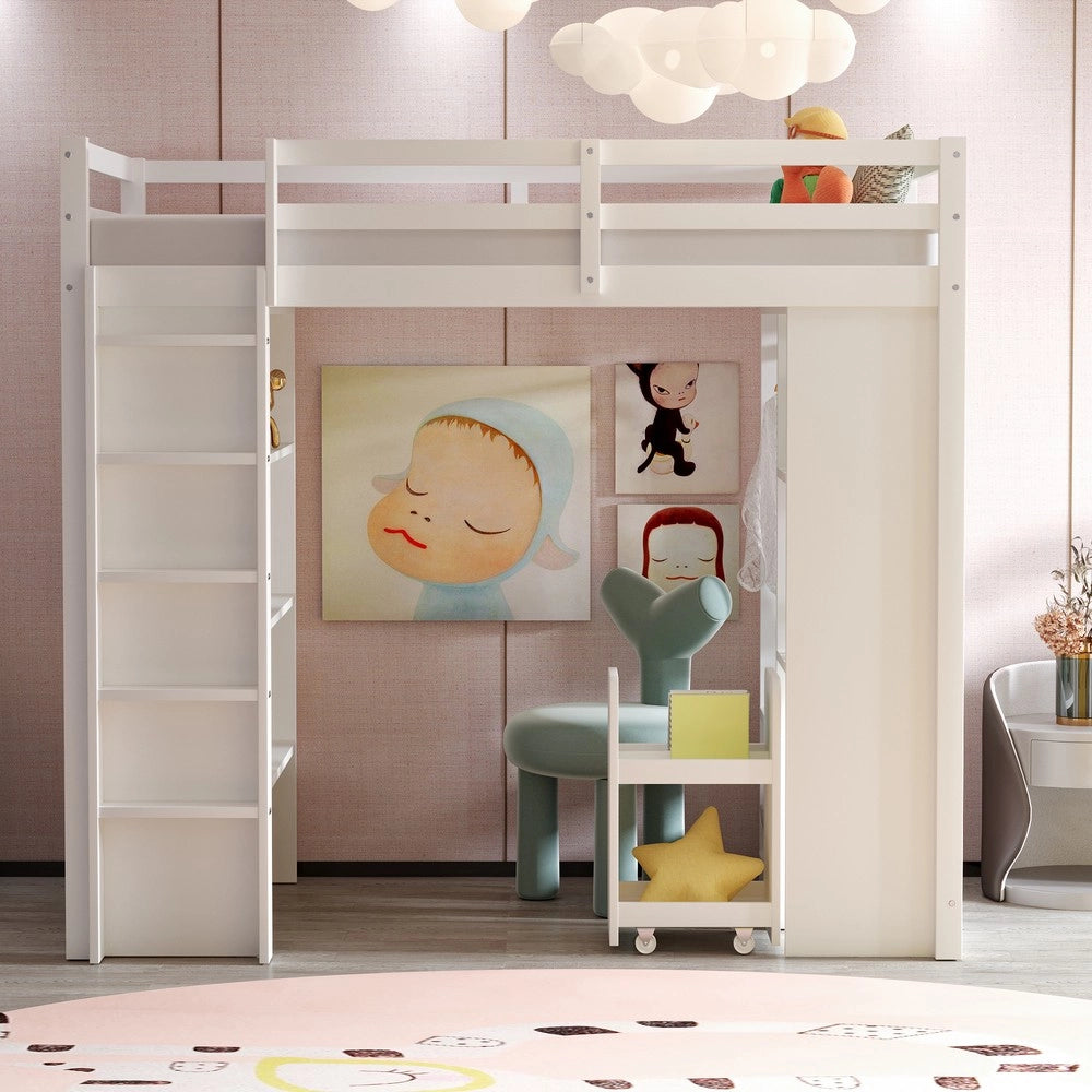 Letto a Soppalco Singolo ¨C MINIMAL ¨C Bianco, con Scaffali, Appendiabiti e Carrello, 90x200