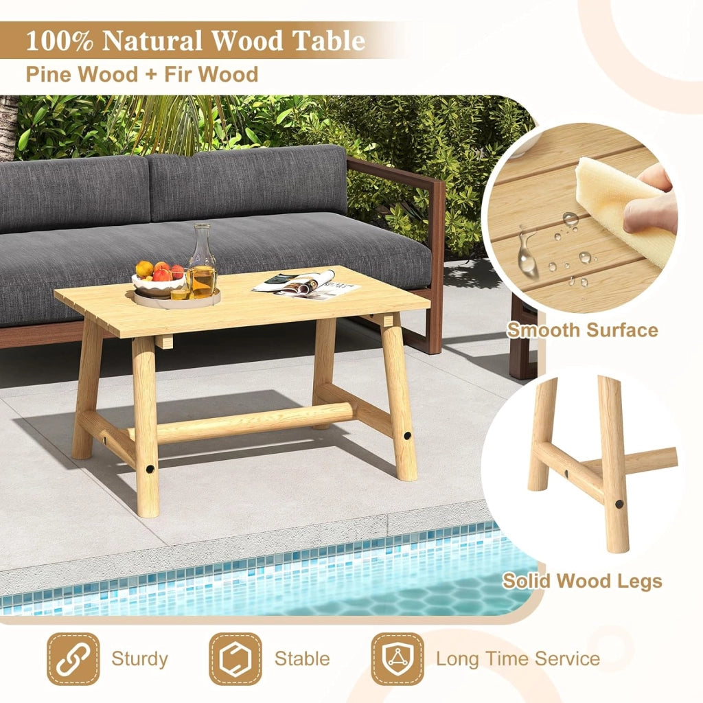 Tavolo da giardino in legno massello, tavolino ausiliario terreza esterno con carico di 125 kg, tavolino basso rettangolare con piano a doghe per balcone, patio, 90 x 55 x 50 cm (naturale)