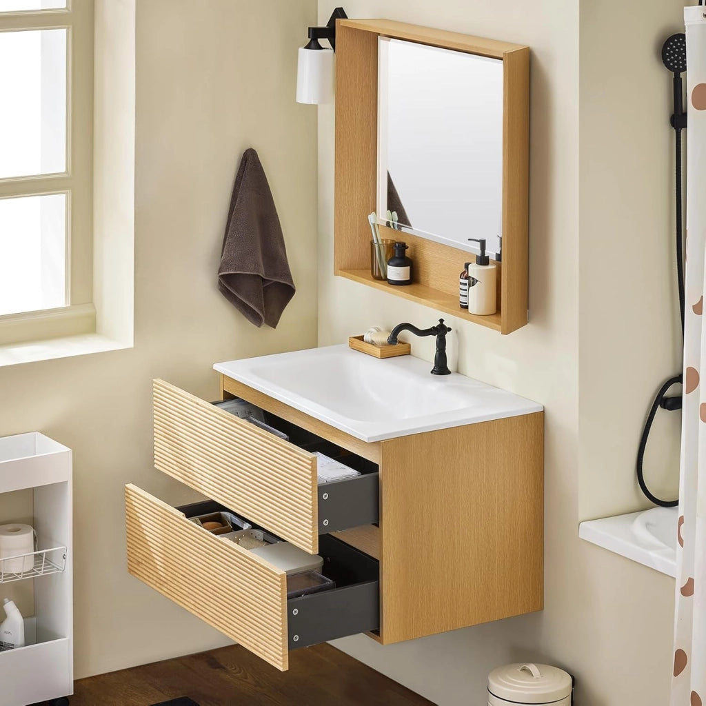 Set arredo da bagno Specchio a parete+ Mobile lavabo Naturale BZR198-N