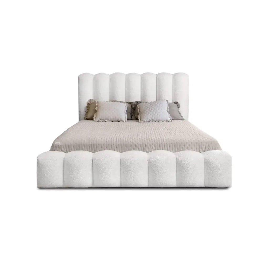 Letto contenitore BADJA – Tessuto bouclé Perla di lino – 180x200 cm – Rete sollevabile – Design di alta gamma