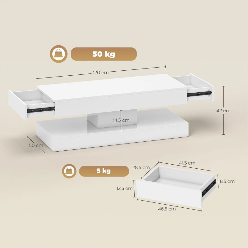 TAVOLO da salotto 120x50x42 cm bianco lucido con LED e 2 cassetti