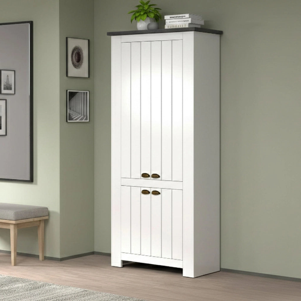 Scarpiera Shirley, Porta scarpe salvaspazio a 4 ante, Armadio multifunzione da ingresso, 84x42h200 cm, Bianco e Ardesia