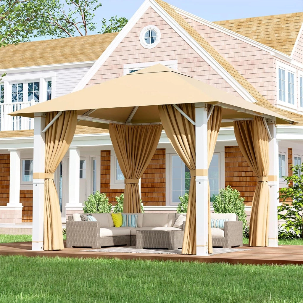 Gazebo 3x4 Impermeabile, Gazebos Giardino Invernale Resistente ai Raggi UV, Gazebos per Feste Stabile Gazebo Esterno Resistente con Struttura in Metallo, Beige