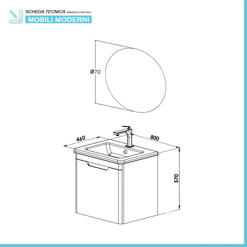 Mobile bagno sospeso 80 cm bianco lucido con specchio 70x90 Stillo