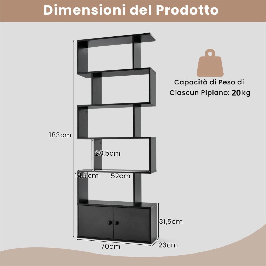 Libreria a forma di S a 5 livelli con ante, Scaffali decorativi in legno per il soggiorno l'ufficio Nero-Librerie
