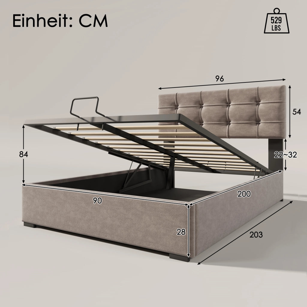Letti contenitori 90x200 cm; testiera regolabile e contenitore; velluto; grigio chiaro (Senza materasso)