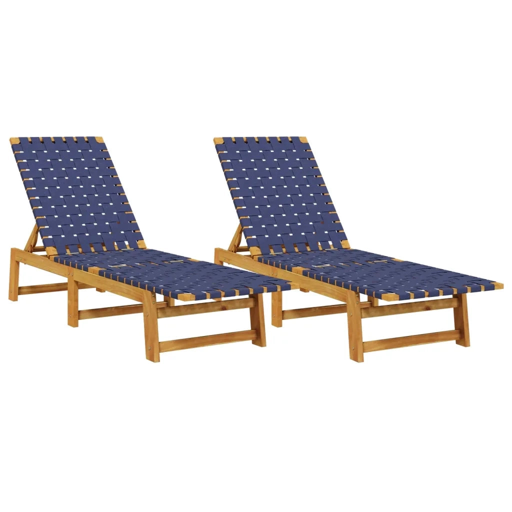 Lettini Prendisole 2 pz | Sdraio da giardino | Lettino da sole Blu Scuro Legno Massello Acacia Tessuto