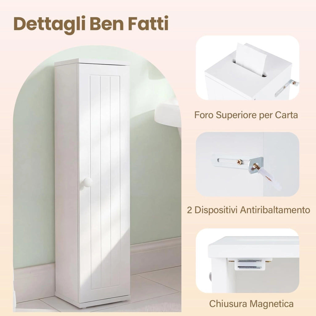 Mobiletto da Bagno a 5 livelli, Armadietto a Colonna Salvaspazio con Ripiani Rimovibili, Uscita per Carta Igienica e 2 Dispositivi Anti-ribaltamento per Ingresso, 16 x 16 x 69 cm (2)