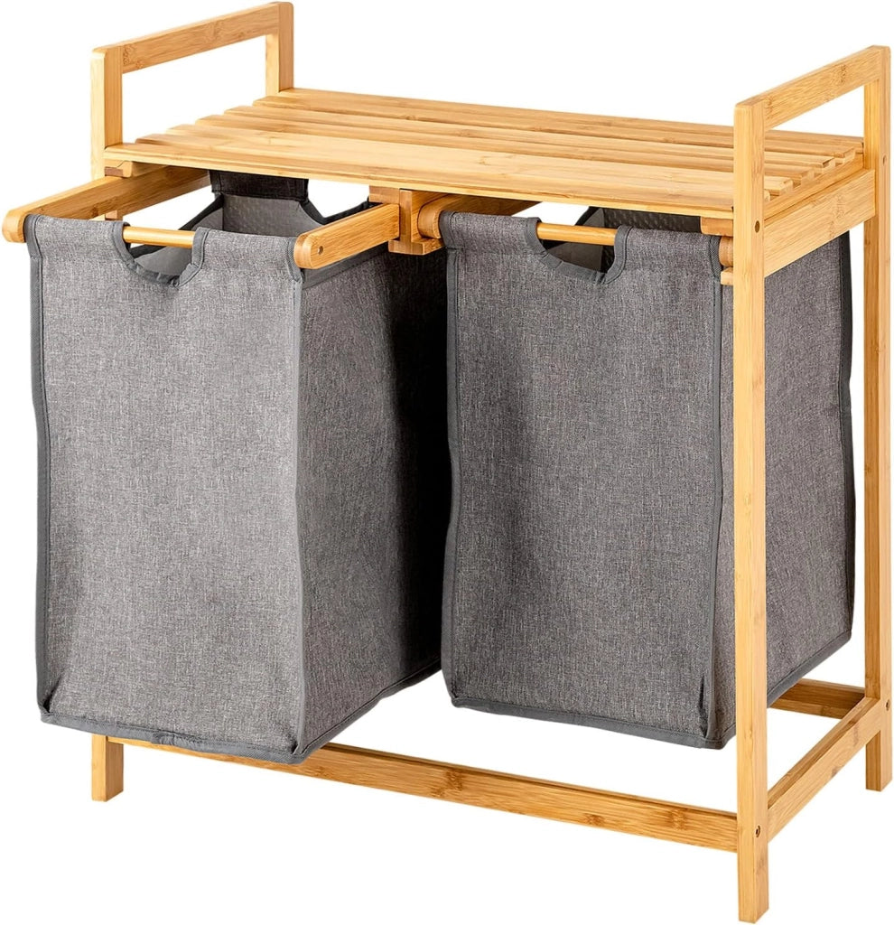 Armadietto per la biancheria con 2 cesti per la biancheria, 2 scomparti e ripiano, in bambù, per il bagno, 64 x 33 x 73 cm (Bianco)