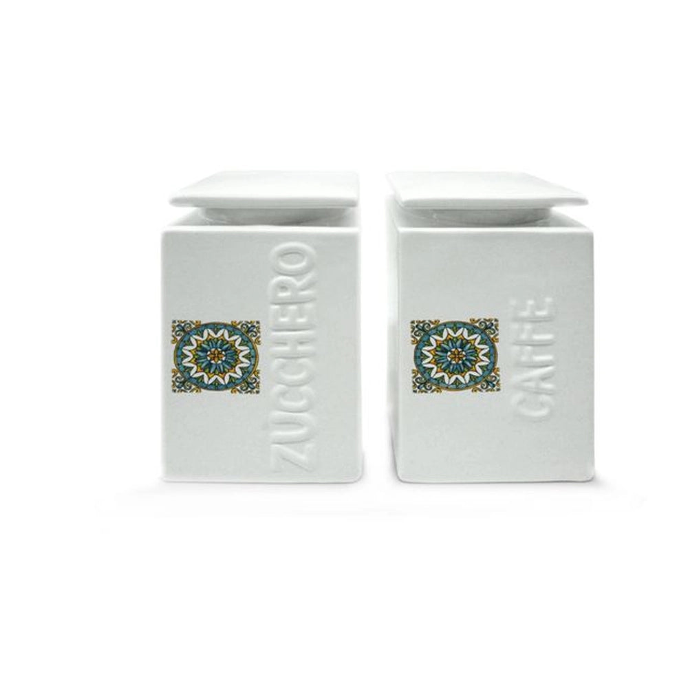 Set 2 Barattoli da Cucina in Ceramica Zucchero Caffe' Decoro Fiore
