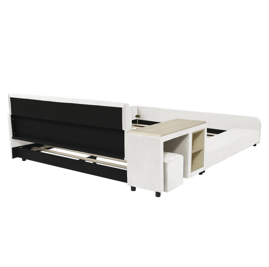 Letto imbottito per bambini con scrivania, sgabello e ripiano, tessuto velluto bianco 140x200 cm