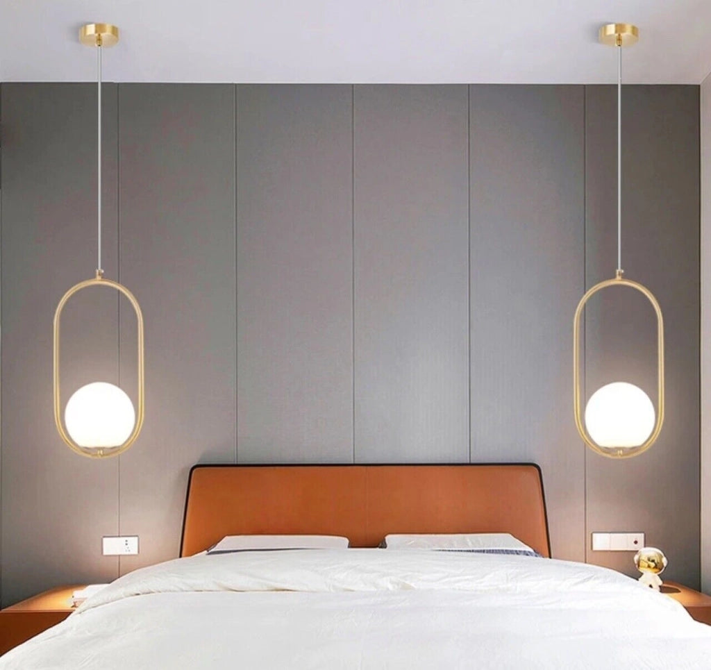 Lampadario a sospensione da soffitto in alluminio color oro bronzo con sfera e attacco per lampadine G9