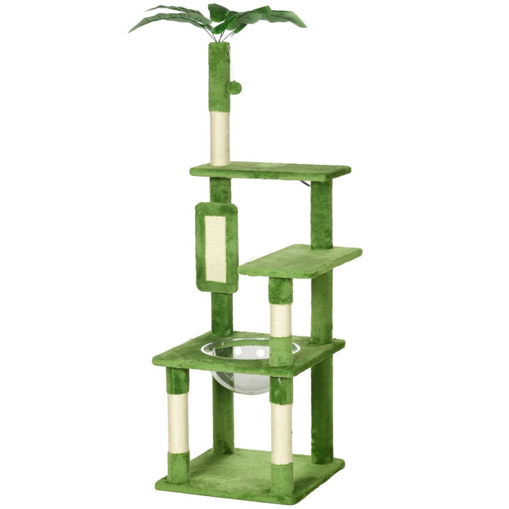 Albero per Gatti Multilivello con Amaca, Tiragraffi, Pallina e Foglie Decorative, 49x49x142 cm, Verde