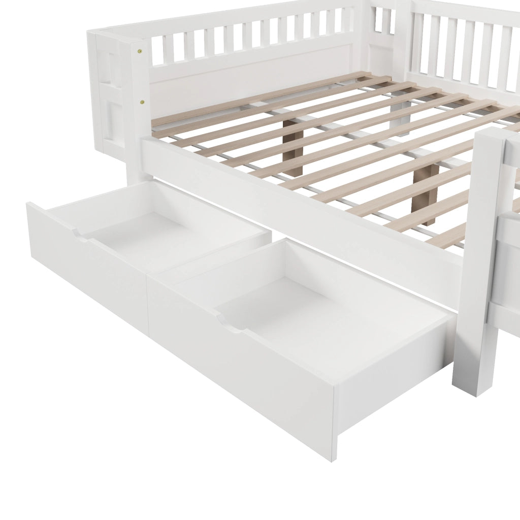 Letto per Bambini 140x200 cm; Letto con Sponda; 2 Cassetti - in Legno Massello e MDF - Bianco