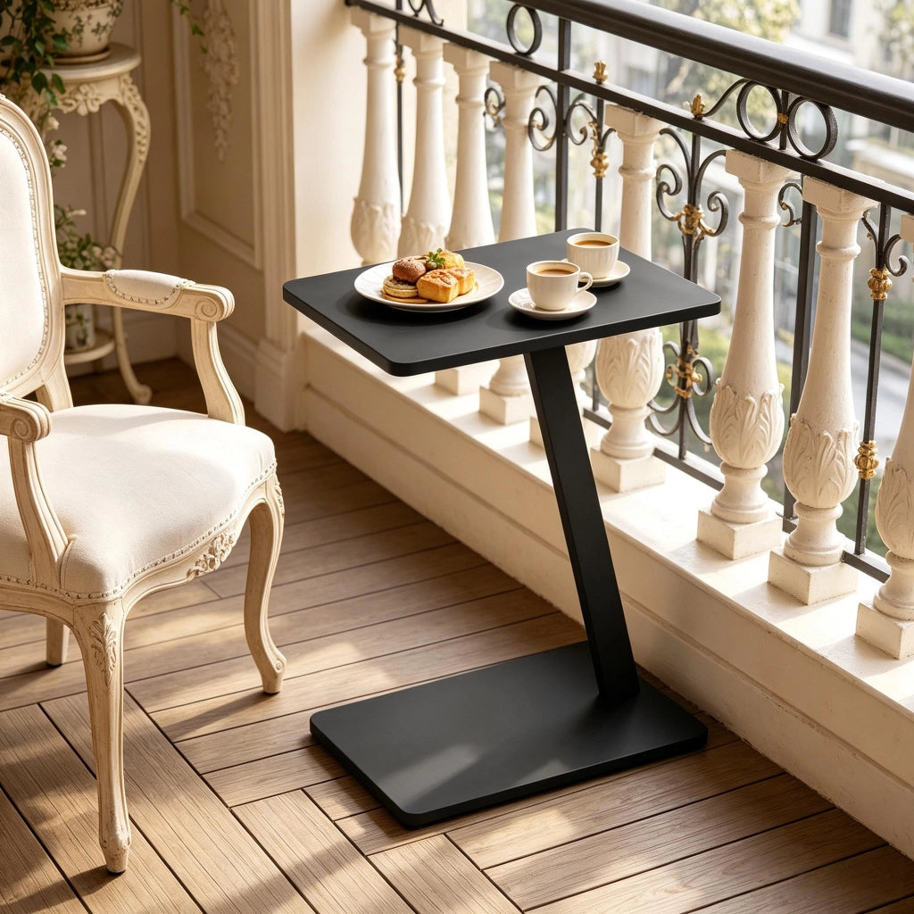 Tavolino basso a C con piano in MDF e struttura in metallo, nero, per soggiorno e camera da letto, 48 × 64,5 × 33 cm