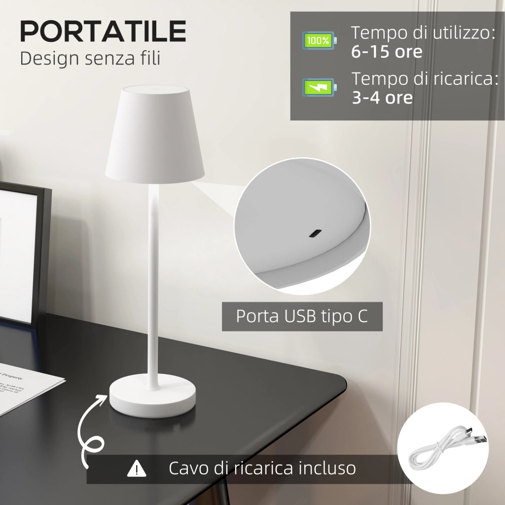EasyComfort Lampada da Tavolo Portatile in Acrilico e Metallo da 3600mAh con Cavo di Ricarica, Ø11.2x36.5 cm, Bianco