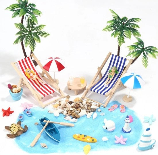 Set di decorazione per miniatura di spiaggia - 35 pezzi - Ornamenti miniatura per paesaggio DIY - Decorazione estiva per giardino con ombrellone, sdraio e palma - Decorazioni miniatura per progetti DIY di spiaggia