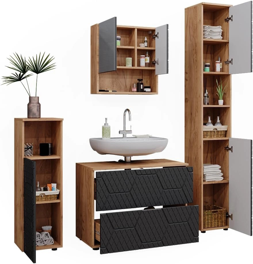 set mobili bagno Irma, Quercia dorata/Antracite, 4 pezzi, con cassettiera e colonna