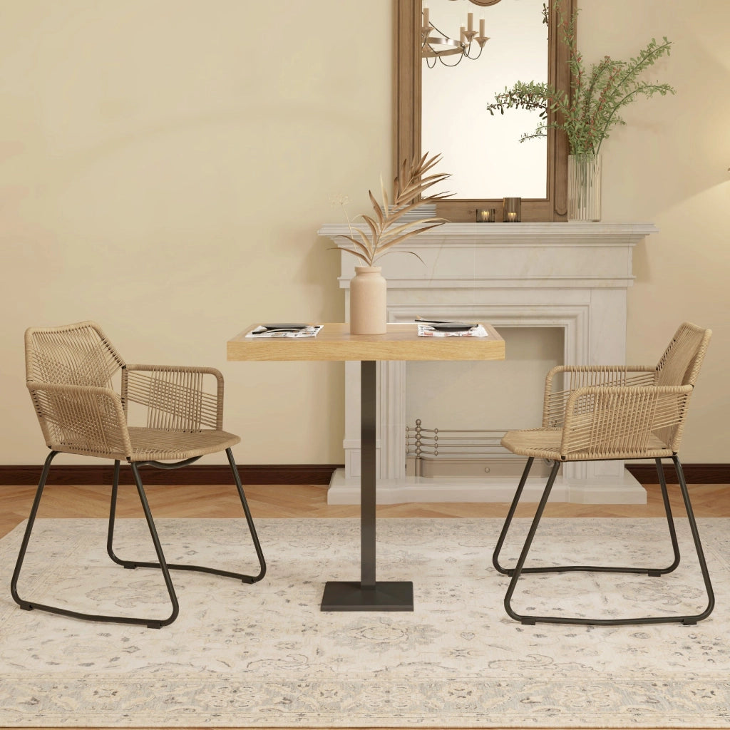 Set 2 Sedie da Pranzo Stile Boho da Interno con Schienale Basso e Braccioli 56x59x74 cm in Rattan PE Giallo