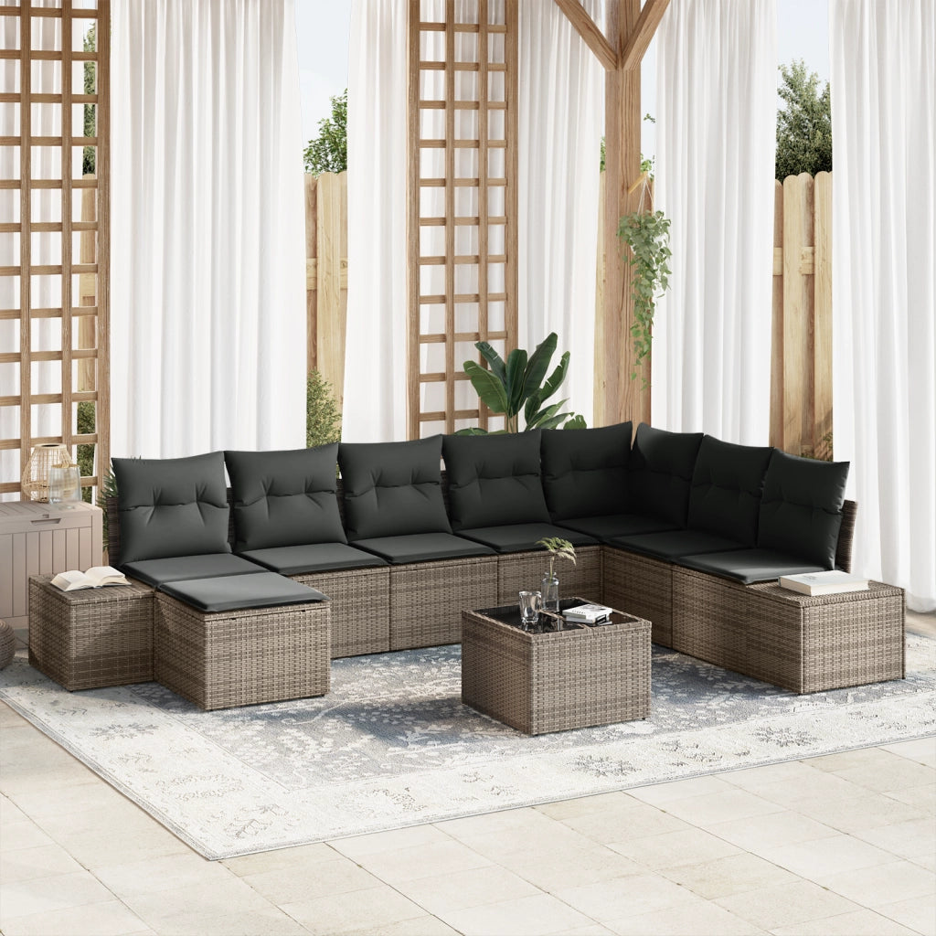 Set divano da giardino 8 pezzi con cuscini in polirattan nero