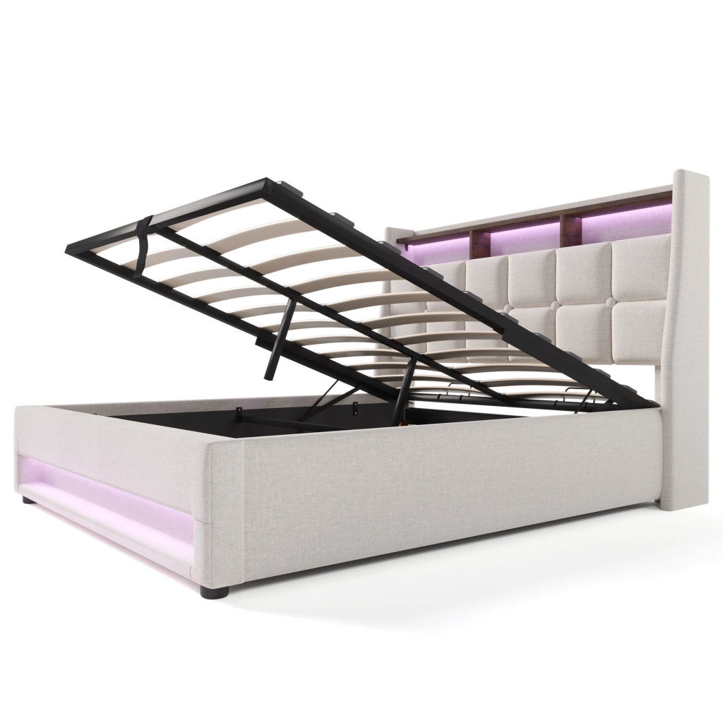 OKWISH Letto Contenitore 140×200 cm, Letto Matrimoniale con LED Regolabile, 2 USB e Mensola, senza Materasso, in Lino, Beige
