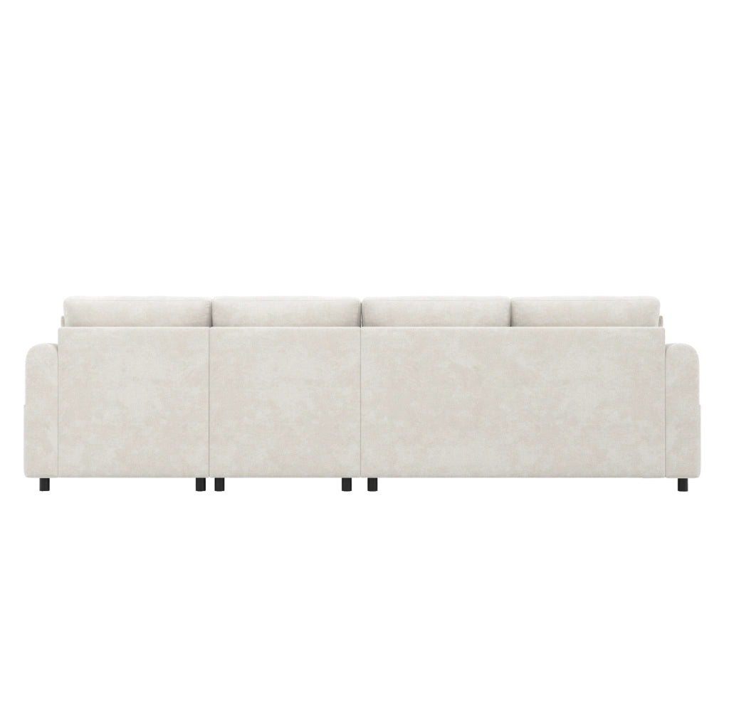 Divano letto angolare beige con contenitore, schienale trapuntato e vani laterali