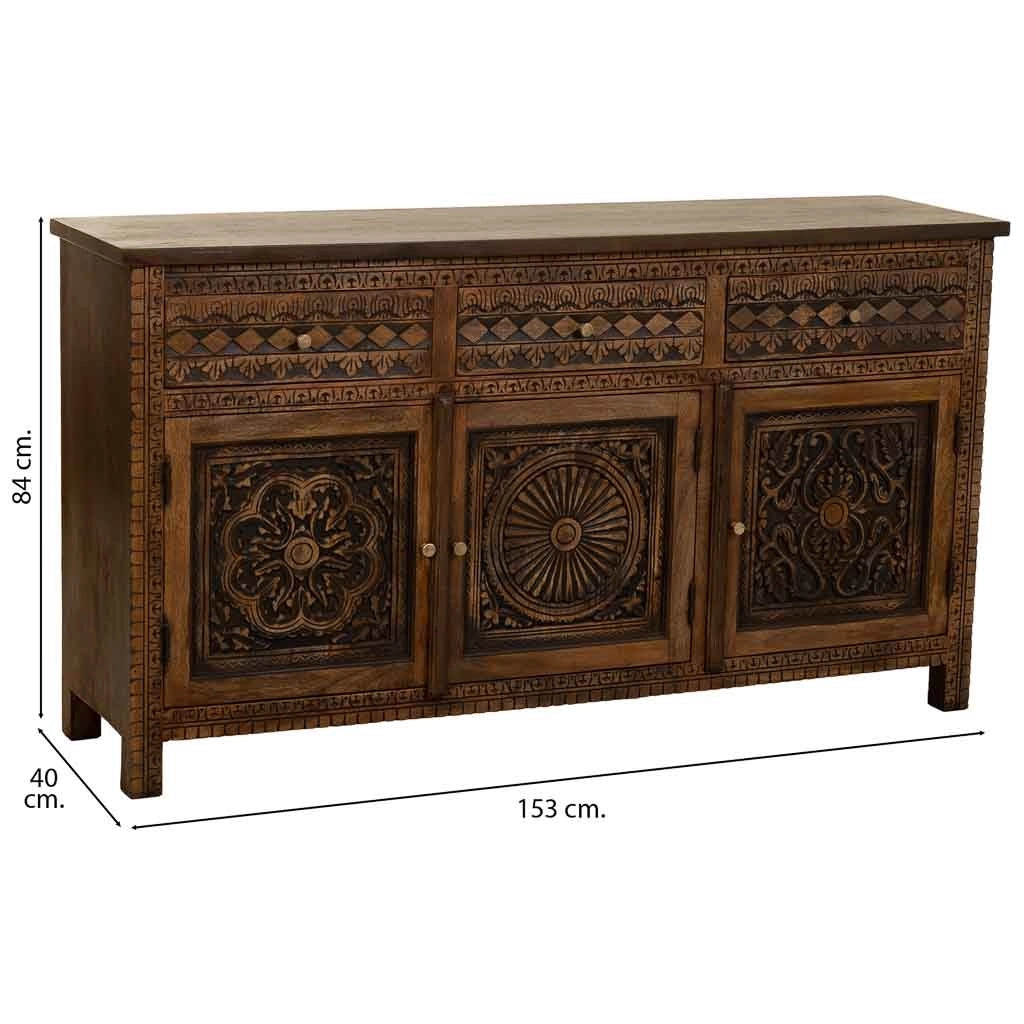 Credenza in legno artigianale con 3 ante, 153x40x84h cm