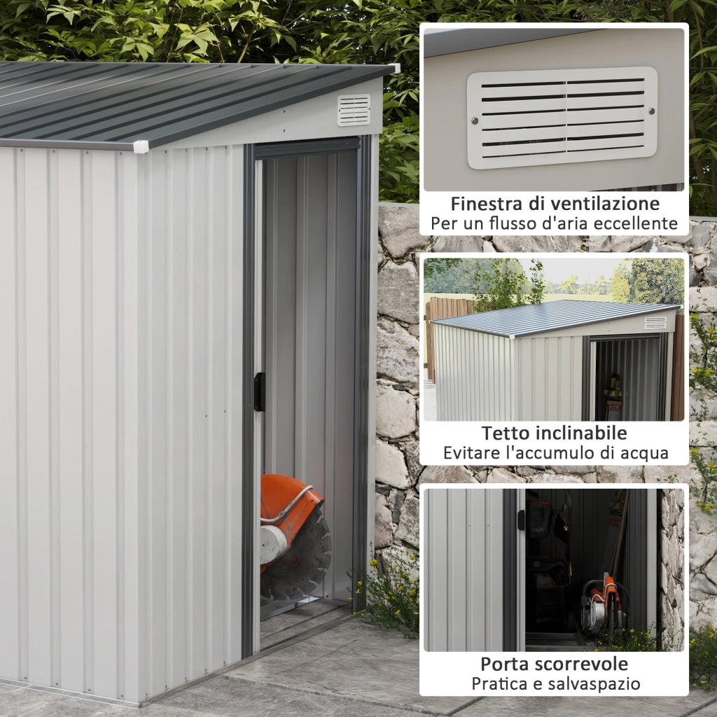 Casetta Box per Attrezzi da Giardino 154L x 206,5P x 160/181A cm con Base in Acciaio zincato Bianco