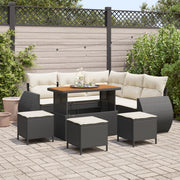 Set Divano Giardino 9 Pezzi con Cuscini Nero Rattan Poliestere Acacia