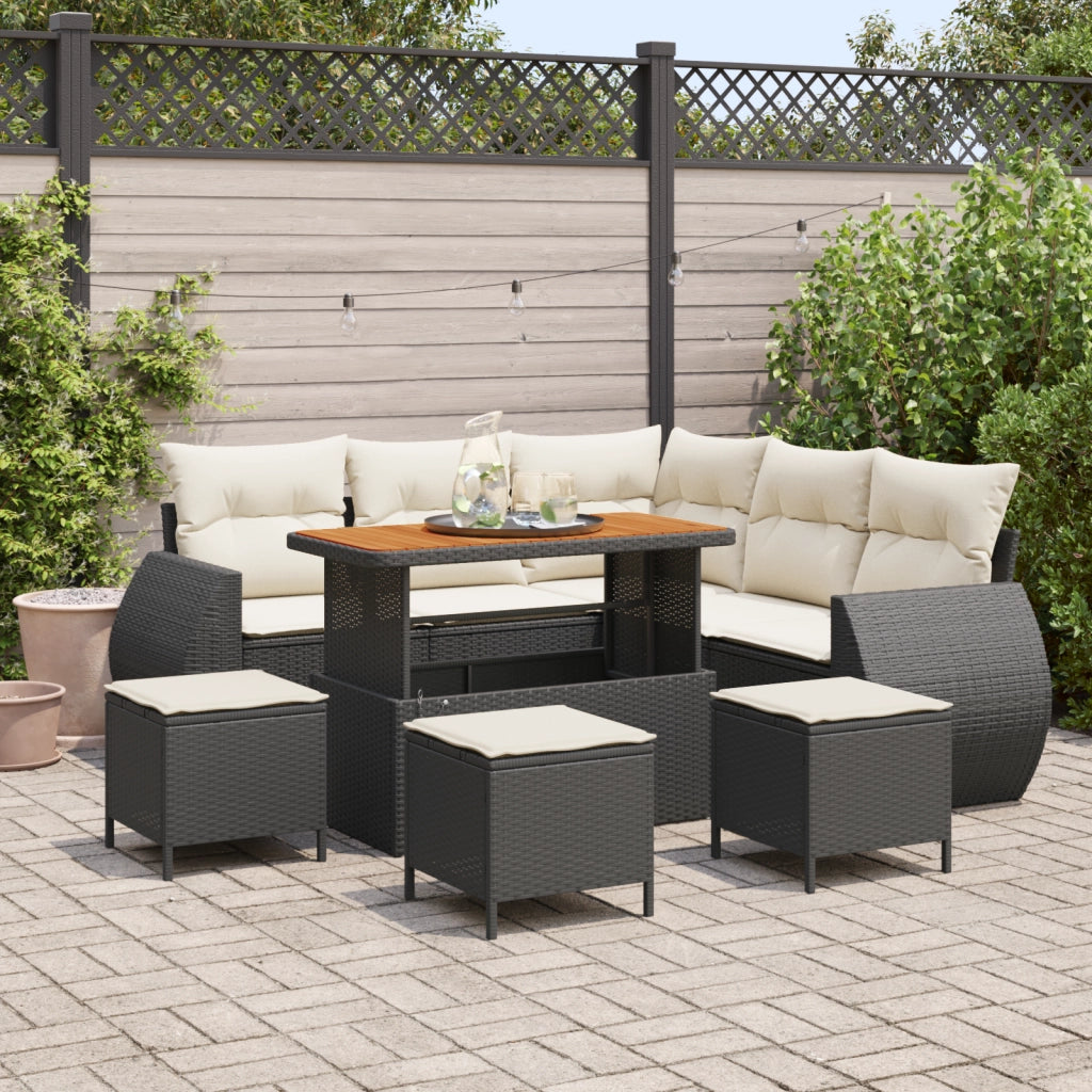 Set Divano Giardino 9 Pezzi con Cuscini Nero Rattan Poliestere Acacia