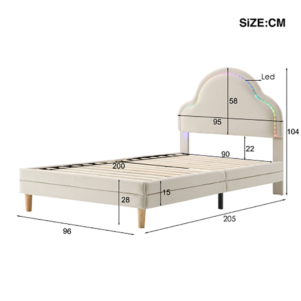 Letto singolo imbottito con strisce LED - Xylo - 90x200 cm - Velluto beige - Doghe in legno