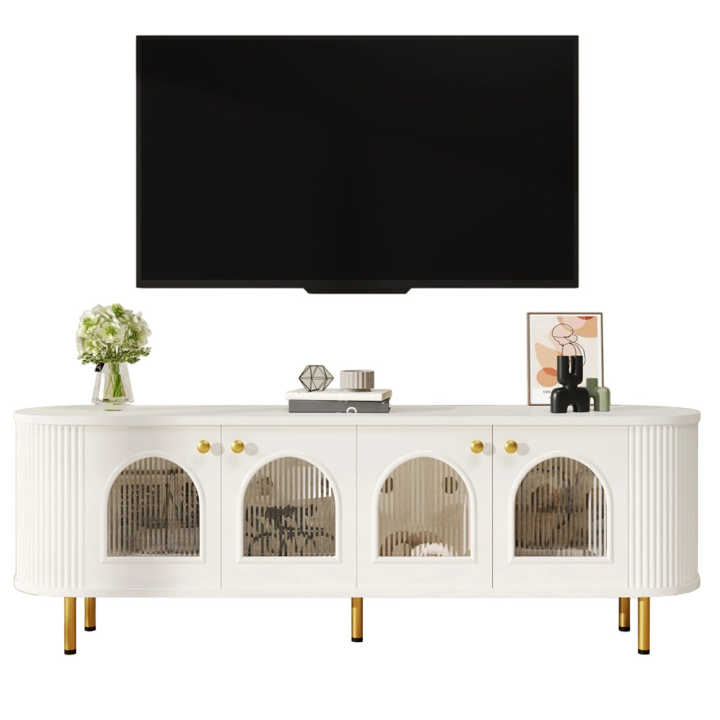 OKWISH Mobile TV con 4 Ante in Vetro, Passacavi e Cerniere Ammortizzate, per Soggiorno, MDF, 170 x 35 x 55 cm, Bianco e Oro