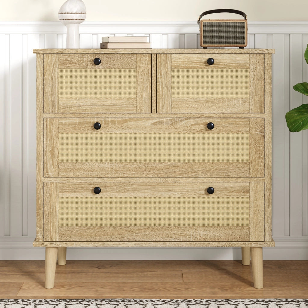 Chest of drawers with four rattan drawers - Zephmum- Solid wood legs