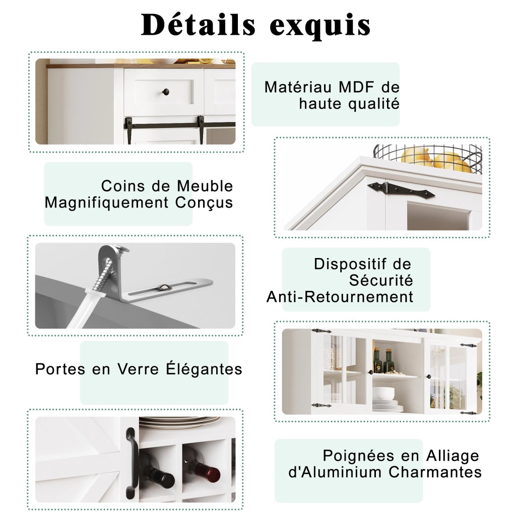 Credenza Alta da Cucina con Ante in Vetro; Ripiani Regolabili e LED; per Cucina; Bianca; 105x38;4x180 cm