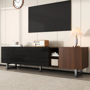 OKWISH Mobile TV con 4 Ante e Ripiani Interni, Frontali Lucidi senza Maniglie, per Soggiorno, MDF, Nero e Naturale, 180 x 38 x 50 cm