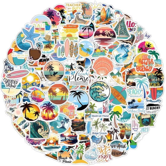 Sticker acqua resistente 120 pezzi - tema oceano tropicale - dimensioni 5-8 cm