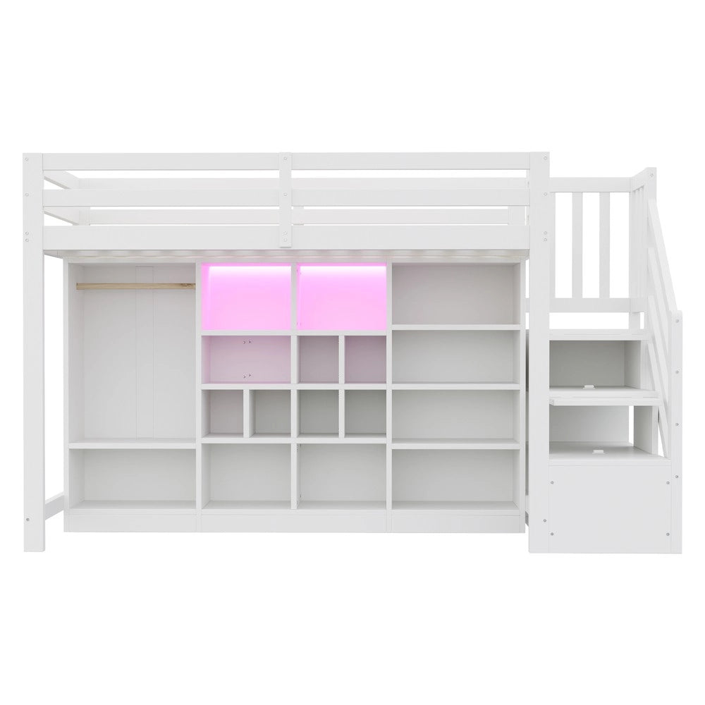 Letto a soppalco con cassetti e armadio - Zephmum- 90x200 cm, illuminazione LED, scala integrata, bianco