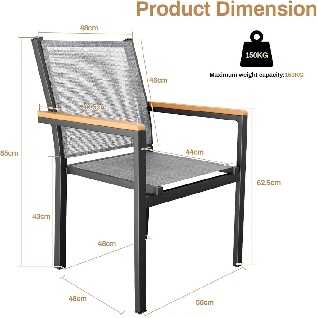Textilene, 2 sedie da giardino in alluminio, impilabili, per sala da pranzo, balcone, terrazza, piscina, ristoranti, resistente alle intemperie, 2 pezzi, colore grigio lino