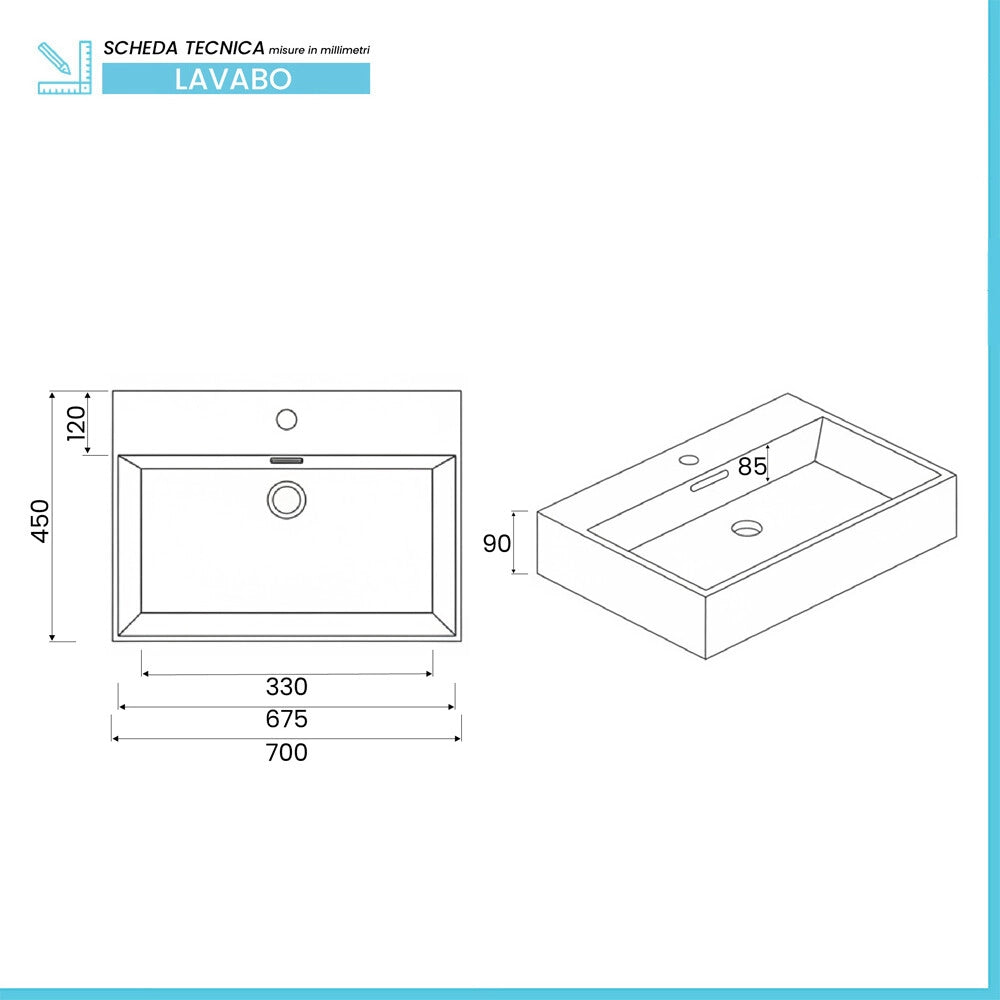 Lavabo da appoggio in resina 70x45 cm rettangolare bianco Monza