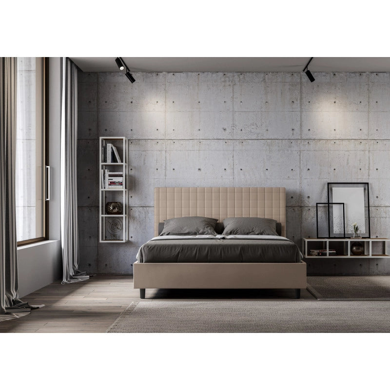 Letto imbottito Letto Matrimoniale alla Francese 150x190 cm Sunny - Similpelle,Tortora,Contenitore