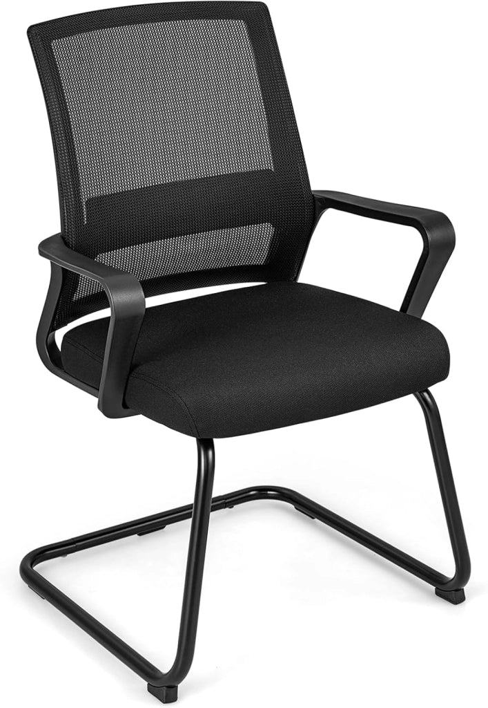 Sedia Ufficio Ergonomica con Supporto Lombare,Schienale Rete Mesh Traspirante + Braccioli Regolabili,Struttura a Slitta, Per Sale Riunioni, Reception e Attesa, Design Moderno in Nero