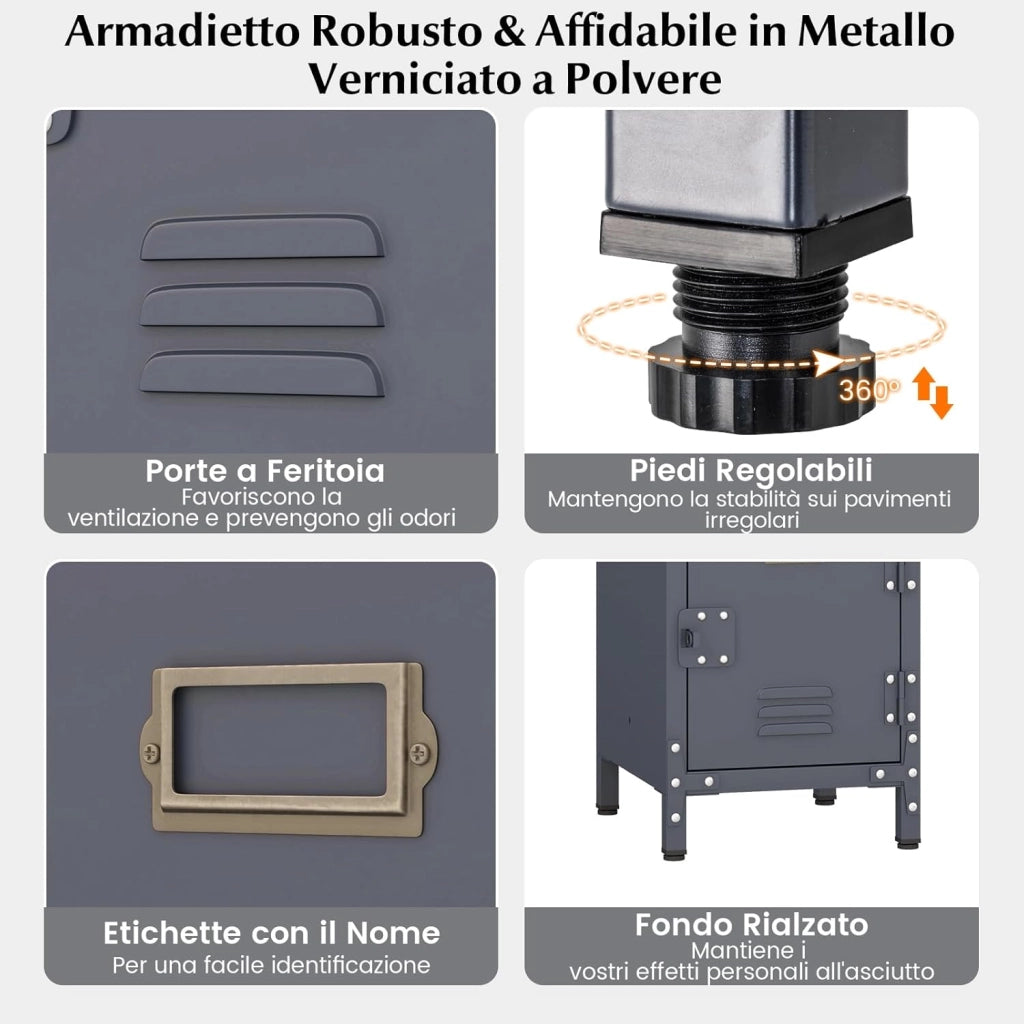 Armadio in Metallo con 3 Porte Chiudibili, Piedini Regolabili, Dispositivo Anti-Ribaltamento, Armadietto Verticale a 3 Ripiani per Casa, Ufficio, Scuola e Garage, 30 x 35 x 100 cm