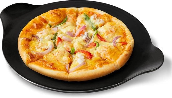 Piatto per pizza con 2 maniglie, realizzato in 100% cordierite ceramica naturale, sicuro fino a 900 °C, ideale per pizza e per tutto ciò che desideri, adatto per forno, griglia, roggia (nero)