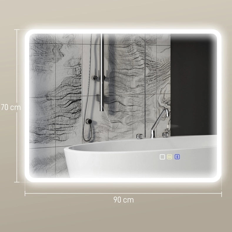 Specchio da Bagno LED Bluetooth 90x70cm Argento, Touchscreen, Anti-Bug, Memoria