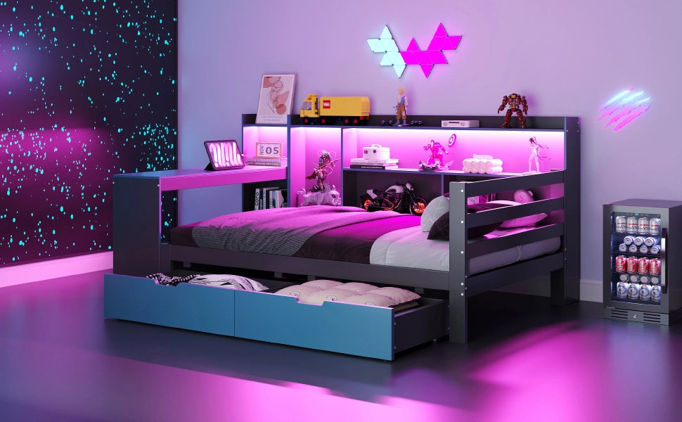 Divano letto in legno 90 x 200 cm nero+blu scrivania libreria deposito LED prese e cassetti multifunzionali